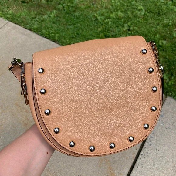 Rebecca Minkoff Tan Pebbeled Leather Saddle Bag Studded Crossbody Purse - Picture 8 of 17